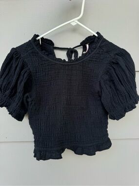 Free People Black Smocked Puff-Sleeve Crop Top